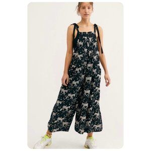 Free People Black All You Need Zebra Printed Linen Slouchy Tie-Sleeve Jumpsuit